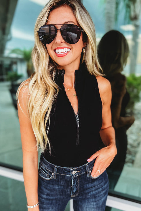 Zip up Mock Neck Ribbed Sleeveless Bodysuit